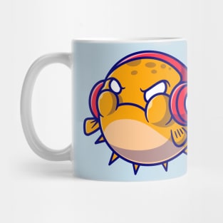 Cute Puffer Fish Angry And Wearing Headphone Cartoon Mug